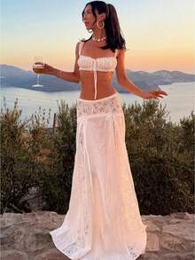 Women's 2 Piece Summer Boho Outfit Lace Trim Ruched Tie Front Crop Top + Lace Trim Flowy Long Maxi Skirts Set Cap Sleeve Vest Bra + Low Waist Skirt Set Summer Beachwear Cover Ups - 白色 - 查看 6