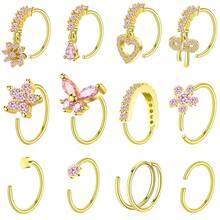 BSJ4U Hoop Nose Rings For Women Nose Piercings 20G Stainless Steel Nose Rings Hoops Heart Butterfly Flower Bow Teardrop Double Nose Hoops Gold Plated Silver Pink Clear CZ Nose Piercing Jewelry - 鍍金粉紅鼻環 - 查看 1