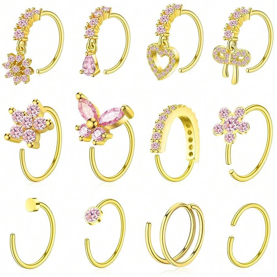 BSJ4U Hoop Nose Rings For Women Nose Piercings 20G Stainless Steel Nose Rings Hoops Heart Butterfly Flower Bow Teardrop Double Nose Hoops Gold Plated Silver Pink Clear CZ Nose Piercing Jewelry - 鍍金粉紅鼻環 - 查看 1