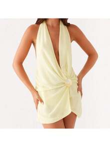 Women Summer Mesh Mini Dress Halter V Neck Backless Short Dress A Line Going Out Party Cocktail Dresses - 黃色 - 查看 2