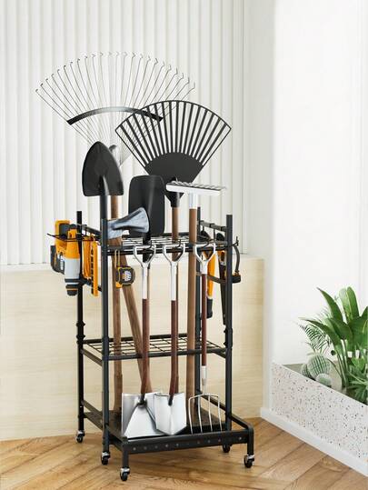 1pc Garden Tool Rack With Wheels, Versatile Wheeled Storage Organizer With Steel Construction, Equipped With Multiple Hooks, Ideal For Sorting And Storing Long-Handled Tools, Rakes, Brooms, And Garden Accessories, Perfect For Garages, Yards, Storage Units, And Workshop Spaces, Enhancing Organization, Accessibility, And Clean, Clutter-Environments, , Rust-Resistant Design; Space-Saving Profile; Easy Maneuverability; Secure Hooks And Adjustable Rack Sections; Dust-Resistant Finish; Converts Any Garage, Yard, Or Storage Unit Into Orderly, Accessible Work Zones