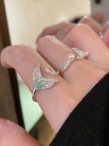 2件套时尚美人鱼尾造型开口戒指，适合女性日常佩戴 - 彩色 - 查看 3