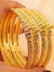 1pc Middle Eastern Style Open Bangle Bracelet, Dubai Saudi Arabia Fashion Jewelry, Luxury Bridal Accessory - Yellow Gold - View 3