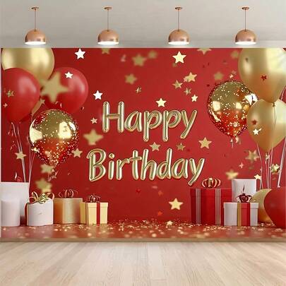 1pc Photography Background Banner - Gorgeous Red And Gold "Happy Birthday" Landscape Flat Cloth, Suitable For Birthday Parties, Celebrations And More Decorations, Holiday Photography, Celebrations, Outdoor Parties, Home Room Decoration, Ideal For Festive Birthday Style Occasions.