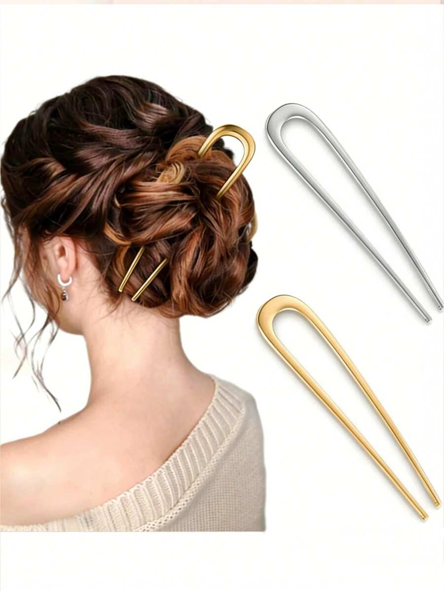 2个装女士金属法式发夹，金色法式发夹，适合浓密发质，U型发夹，金属发夹，适合所有发质，发卡，法式扭辫发夹，发叉 - 轻松打造优雅盘发：这些精致优雅的法式发夹助您轻松掌握快速打造时尚盘发的技巧。女士发饰，发饰，美发工具，卷发配件，发髻延长器 - 彩色 - 查看 1