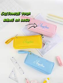 1pc Personalized Name Multi-Functional Stationery Box, Macaron Color Minimalist Style Student Pencil Case. Large Capacity High-Quality Cute Storage Pouch, Suitable As Pen Bag Or Student Supplies With Minimalist Elegant Vibe - Multicolor - View 1