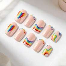 Wearable Rainbow Striped Nail Stickers, Cute And Fresh Heart-Shaped False Nails, 24 Pieces, Removable Nail Tips. - 1 - 查看 5