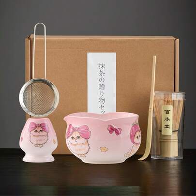 1件/5件套花苞渐变猫咪抹茶茶具，包含抹茶碗、抹茶筅、抹茶杯、搅拌棒、茶匙、茶碗套装、抹茶冲泡工具、甜点及饮品制作工具、日式礼盒、松金抹茶搅拌套装、抹茶爱好者礼物