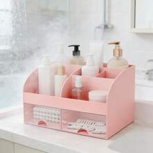 4件套多功能梳妆台化妆品收纳盒 - 大容量带抽屉，分隔式设计，可收纳化妆品、护肤品和浴室用品（粉色） - 彩色 - 查看 5