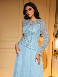 Elegant Women's Long Dress With Beaded Pearl And Contrast Mesh Details, Flared Ruffle Hem, Round Neck, Regular Length Sleeves - Baby Blue - View 7