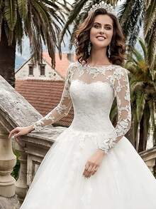 Elegant Romantic A Line Backless Long Sleeves Lace Appliqués Tulle Wedding Dress Registration,Evening Party Dress Birthday Party Dress,Romantic Church Ceremony Wedding Dress,Suitable For Wedding,Dating,Party,Singles' Party,Vacation,Formal Occasions,Dinner Dress,Prom Dress,Homecoming Dress,Cocktail Party,Wedding Guest Dress,Graduation - trắng - Xem 2