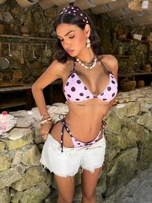 Pink-Toned Polka Dot Bow Halter Bikini With Lace Trim Sexy Sweet-Cool Elegant Summer Vacation Beach Party Valentine's Day Swimsuit Set - Multicolor - View 3