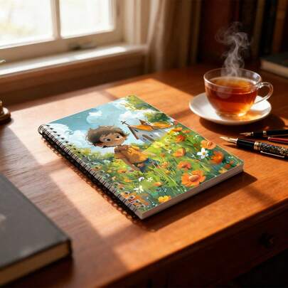 1pc A5 Dream-Filled Diary With Cartoon Boys Wandering Through Flower Fields And Churches, Perfect For Taking Notes, Sketching, And As Gifts.