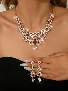 3件套波西米亚复古风合成红色水钻首饰套装 - 镀银合金耳环 - 十二月生辰石时尚套装，适合宴会、婚礼和特殊场合佩戴 - 紅色 - 查看 19