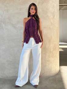 Women's Elegant Multi-Layer Ruffle Trim Stand Collar Fitted Top Purple P0AY - màu đen - Xem 5