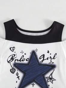 2件套少女户外休闲星形露肩甜美酷感二合一短袖T恤和个性化舒适时尚儿童夏季派对多层蓬蓬裙，夏季 - 彩色 - 查看 3