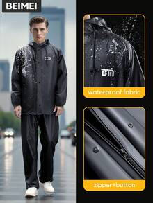Conjunto de Chuva Masculino, Jaqueta e Calça de Chuva Destacáveis para Motocicleta Adulta de Uso Pesado, Preto, Adequado para Ciclismo, Trabalho ao Ar Livre, Caminhada. Material Impermeável de PVC, Ajuste Slim, Coisas Fofas - Multicolorido - Visão 3