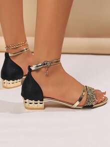 Girls' Rhinestone Embellished Flat Sandals, Fashion Buckle Peep Toe Casual Party Glitter Chunky Heel Gold Sandals For Teenagers - Black - View 4
