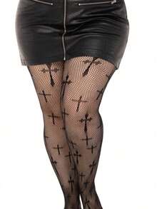 1 đôi quần tất/legging cỡ lớn dành cho nữ, họa tiết chữ thập Halloween, thiết kế lưới jacquard họa tiết chữ thập Halloween, gợi cảm và thanh lịch, hoàn hảo cho các bữa tiệc. - Chữ thập đen - Xem 5