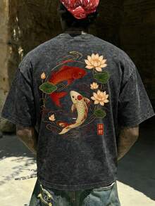 FRACTYR Men's Summer Fashion Minimalist Street Carp Element Print Round Neck Short Sleeve T-Shirt | All-Match Street Casual Tee, Boyfriend/Husband Gift - Black - View 2