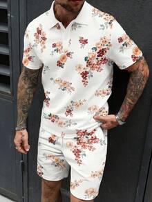 Men's Floral Print Short Sleeve Polo Shirt And Shorts Set - Multicolor - View 1