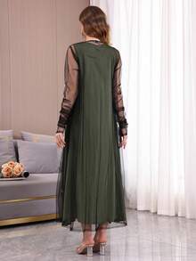 2pcs Heavily Beaded Embroidered Dress Set With Underskirt, Elegant Arabic Women's Dress, V-Neck, New Release, High-End Dignified Style, 2026 New Ramadan Traditional - Green - View 10