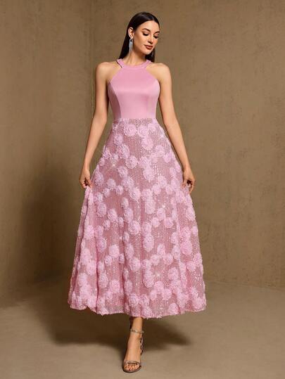 3D Floral Sequin Decor Sleeveless Waist Cinched Maxi Dress, Suitable For Spring, Holidays, Vacations, Parties, Wedding Guests And Other Occasions