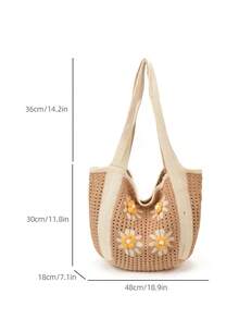 Dedoo Bohemian Style Women's Handbag, Large Capacity Open-Top Tote, Beach Bag, Travel Accessory, Woven Texture, Suitable For Work, School, Beach, Crochet, Holiday (Flower Color/Position Random) (Strap Color/Pattern Random) - Apricot - View 8