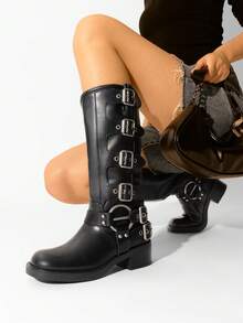 Women's Slip On Knee High Boots Square Toe Chunky Heel Classic Vintage Metallic Buckles Motorcycle Riding Boots - 黑色 - 查看 2