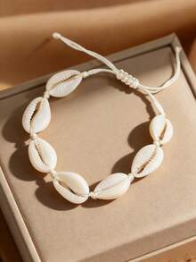 1条波西米亚风贝壳手链，手工编织可调节手链 - 白色 - 查看 6