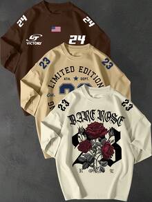 Set Of 3 Women's Oversized Loose T-Shirts, Large Size, Ideal For Gym/Workout - Bege-Chocolate-Off - 查看 1