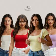 Set Of 4 Baby Look Blouses With Double Front Lining And Square Neckline. Simple. None. Vacation. Beach. - OFF/RED/YELLOW/LILAC - View 1