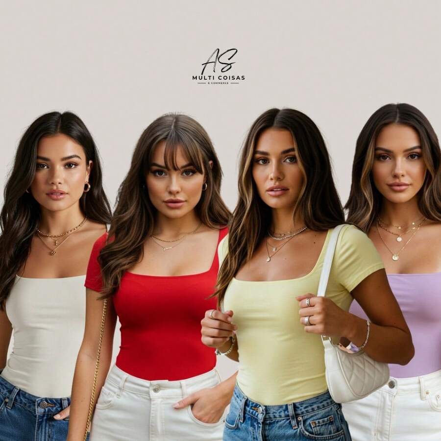 Set Of 4 Baby Look Blouses With Double Front Lining And Square Neckline. Simple. None. Vacation. Beach. - OFF/RED/YELLOW/LILAC - View 1