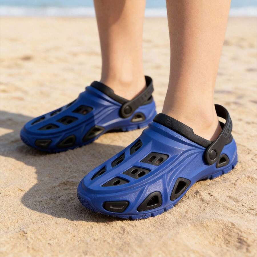 Sandalias deportivas para hombre con diseño perforado y correa ajustable, punta redonda y suela antideslizante, estilo casual para playa y exterior - azul-negro - Ver 1