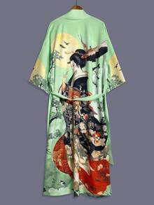 日式和風美學印花中長版 3/4 袖緞面和服式罩衫 女款優雅街頭休閒寬鬆外套 適合海灘旅行秋季 - 薄荷綠 - 查看 2