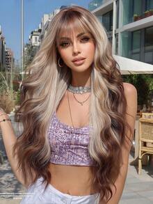 1 bộ tóc giả ombre dài 28 inch, kiểu gợn sóng, có mái, chất liệu tổng hợp chịu nhiệt, phù hợp cho nữ giới sử dụng hàng ngày và dự tiệc, màu vàng kim. - Màu nâu highlight - Xem 10