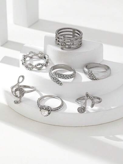 Juego de 7 anillos minimalistas y elegantes con diseño de corazón y nota musical de rhinestone, anillos apilables de moda versátiles