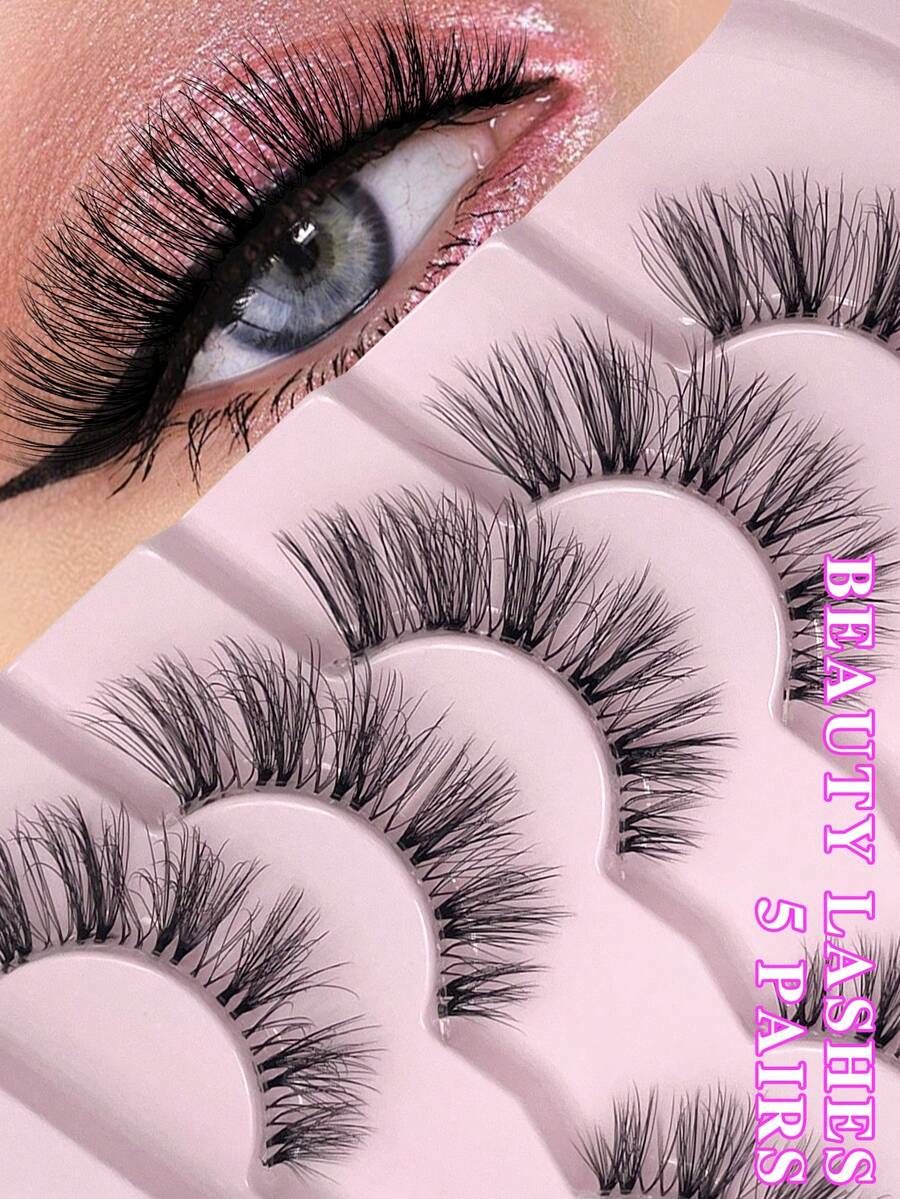 ENCHUW 5 Pairs Eyelashes With Clear Band Strip Lashes Fluffy Natural Look Wispy Light Short False Eyelashes Invisible 3D Fake Lashs Pack - Black - View 1
