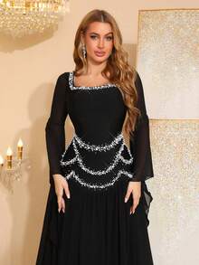 Modphy Vestido de fiesta de manga larga con hombros descubiertos, pedrería y cristales, estilo capa, para mujer, color negro, para bodas y fiestas de primavera, nuevo otoño 2024 - Negro - Ver 8