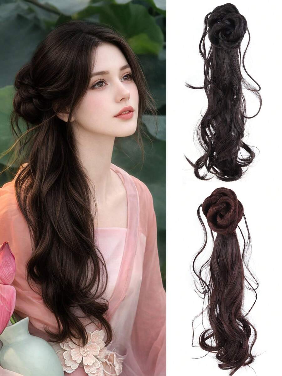 Synthetic Braided Ponytail Wig For Women, New Chinese Style Flower Bud Ponytail Wig Braid, Realistic Human Hair, Ancient Style Wig With Clip-On Side Ponytail - Multicolor - View 1