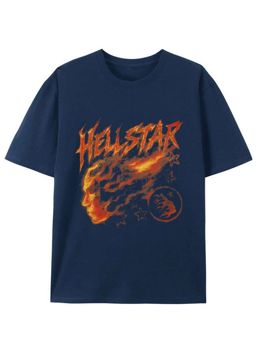 Flame Face Combined With Stars Creative All-Matching Street Print Pattern Personality Design(220g Cotton T-Shirt) 100% Cotton Fabric-Simple And Versatile Round Neck Breathable Short Sleeve, Summer Men's Shirt, Breathable Cotton, Suitable For Outdoor Leisure Activities. - 寶藍色 - 查看 1