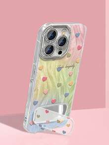 1pc Luxury Heart Feather Mesh Phone Case With Mirror, Compatible With Apple 11/12/13/14/15/16/17 Pro Max, Gradient Full Coverage Protective Case With Lens Film, Valentine's Day Gift - Multicolor - View 1