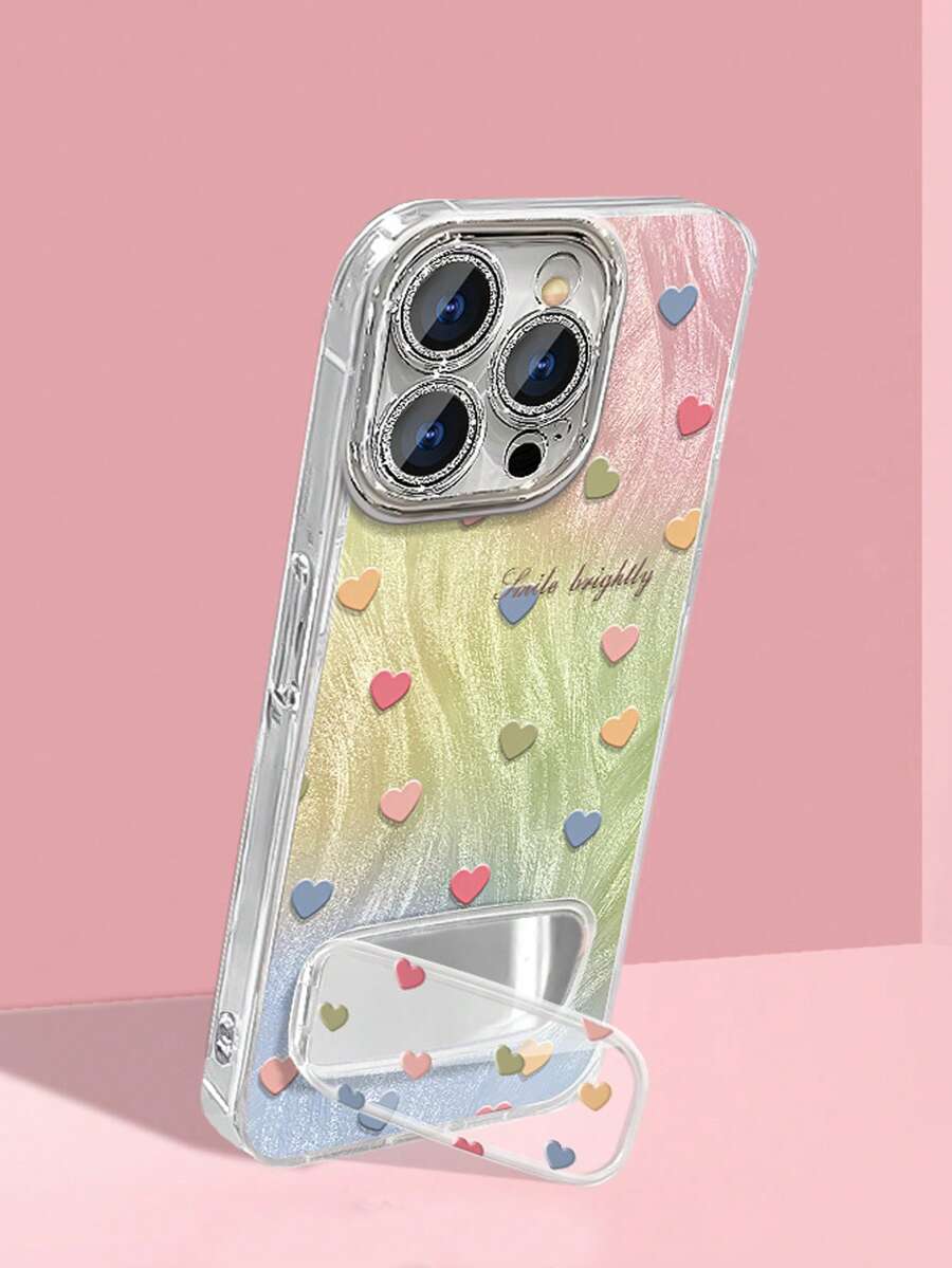 1pc Luxury Heart Feather Mesh Phone Case With Mirror, Compatible With Apple 11/12/13/14/15/16/17 Pro Max, Gradient Full Coverage Protective Case With Lens Film, Valentine's Day Gift - Multicolor - View 1