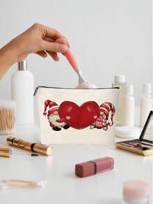 1 Pc A Pair Of Little Elves Holding A Heart Pattern Cosmetic Bag Valentine's Day Makeup Bag Perfect Gift For Family And Friends - Red and White - View 4