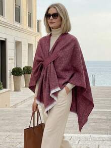 1件2025新款时尚搭扣披肩，休闲保暖旅行羊毛披肩，季节性时尚配饰，多功能毯子/斗篷/开衫，适合日常、旅行和街头摄影 - 深咖 - 查看 11