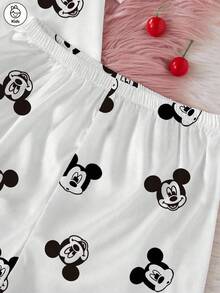 Disney Tween Girls Mickey Mouse Series Cartoon Print 2-Piece Set, Cute Casual Versatile Short Sleeve Elastic Waist Shorts Pajama Set For Tween Girls Silk-Like Soft Breathable Fabric, Suitable For All Seasons Loungewear - White - View 5