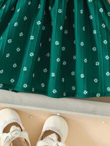 Vestito multicolore a margherite per bambine, senza maniche con grande fiocco, outfit carino per bambine - Verde Scuro - Visualizzare 6