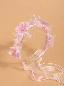 1pc Girls Faux Flower Pearl Headband, Elegant Beaded Floral Veil Headpiece, Suitable For Girls Daily Travel Hairstyles - 粉色 - 查看 4
