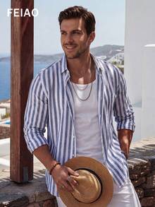 FEIAO Men's Vintage Banknote Striped Casual Long Sleeve Shirt, Versatile Style For All Seasons - Blue and White - View 5