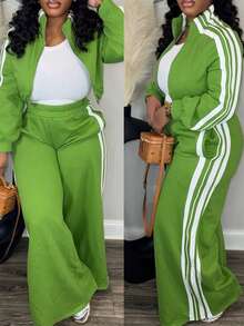 ChicMe Women 2 Pieces Outfit Stand Collar Zip Up Stretchy Hem Crop Coat Elastic Waist Wide Leg Pants Casual Contrast Side Striped Set - Green - View 4